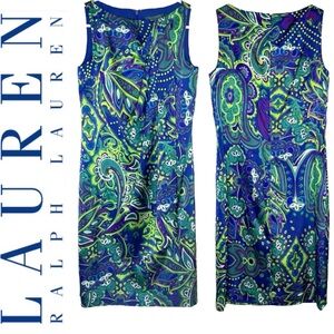 Lauren Ralph‎ Lauren  Green Blue Paisley Womens Sheath Midi Dress Size 4